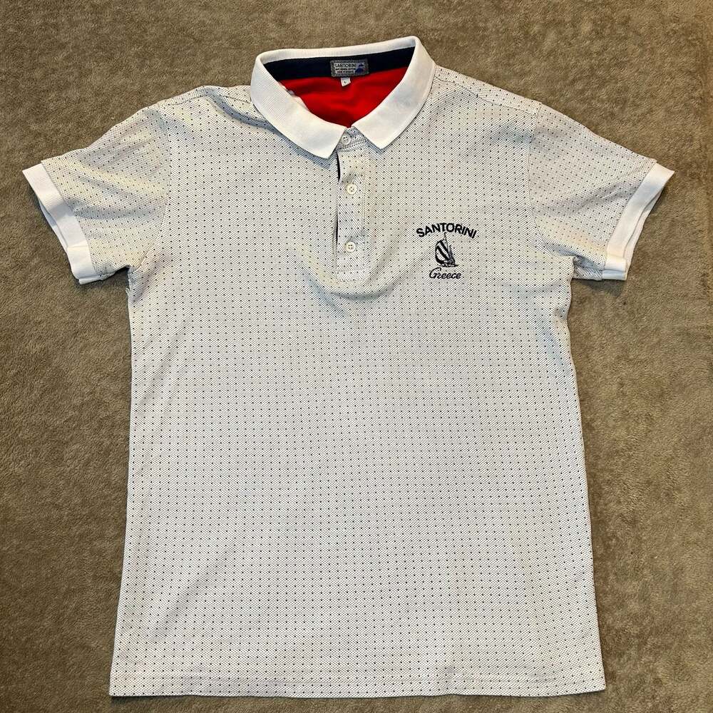 Santorini Greece White Polka Dot Polo, 100% Greek Cotton, Size L